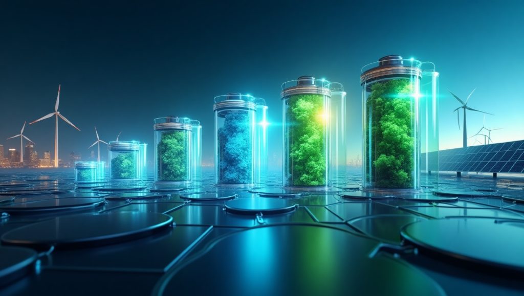 A conceptual illustration of emerging battery technologies like solid-state, graphene, and bio-batteries, highlighting their potential benefits.