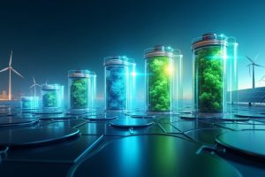 A conceptual illustration of emerging battery technologies like solid-state, graphene, and bio-batteries, highlighting their potential benefits.