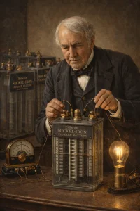Thomas Alva Edison working on storage battery technology.